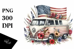 Watercolor Vintage Van with Flowers Clipart Product Image 1