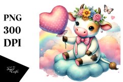 Colorful Cow Sitting on Cloud Holding a Heart PNG Product Image 1