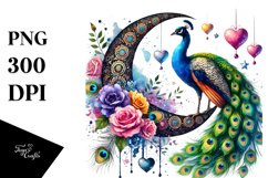 Whimsical Peacock on Half Moon, Watercolor PNG Product Image 1