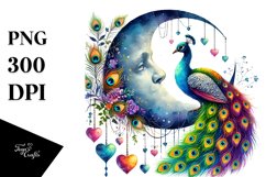 Vibrant Peacock on Half Moon, Watercolor Art Product Image 1