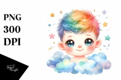 Colorful Watercolor Baby with Stars and Clouds | Clipart Product Image 1