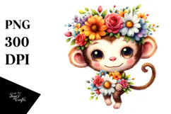 Cartoon Monkey with Flower Crown | Sublimation | Clipart Product Image 1