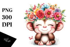 Cartoon Monkey with Flower Crown | Sublimation | Clipart Product Image 1
