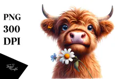 Whimsical Cow Portrait with Flower in Mouth | Sublimation Product Image 1