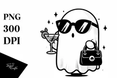 Cute Ghost with Sunglasses Holding Cocktail, PNG Product Image 1