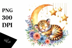 Colorful Watercolor Baby Tiger with Moon and Flowers | Product Image 3
