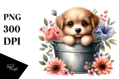 Watercolor Cute Baby Dog with Flowers PNG Product Image 1