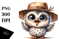 Funny Baby Owl Standing with Hat | Watercolor Clipart Product Image 1