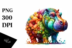 Abstract Vibrant Watercolor Hippo with Flowers, Transparent Product Image 1