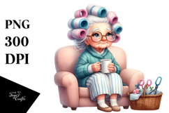 Old Lady Watercolor Character on Sofa with Hair Curlers | Product Image 1