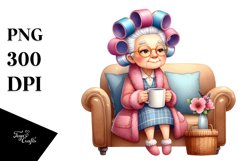 Old Lady Watercolor Character on Sofa with Hair Curlers | Product Image 3