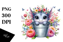 Cute Baby Dragon with Flowers PNG Product Image 1