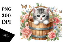 Cute Baby Cat Watercolor with Flowers PNG Product Image 1