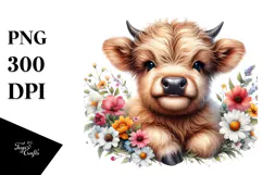Cute Small Baby Highland Cow Flowers |Sublimation |Clipart Product Image 1