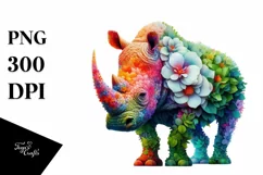 Vibrant Rhino with 3D Flowers PNG Product Image 3