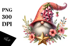 Watercolor Gnome with Foxglove Ornament, High-Res PNG Product Image 1