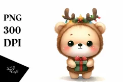 cute Watercolor Bear with Reindeer Horns Product Image 1