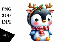 cute Watercolor Penguin with Reindeer Horns Product Image 1