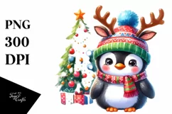 Expressive Baby Penguin PNG with Reindeer Horns Product Image 3