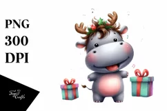 cute Watercolor Hippo with Reindeer Horns and Gift Boxes Product Image 1