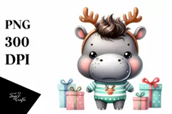 cute Watercolor Hippo with Reindeer Horns and Gift Boxes Product Image 1