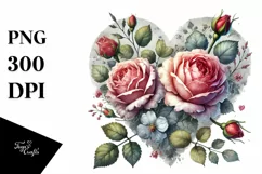 Heart with Roses in Washed Watercolor, Transparent PNG Product Image 1