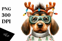cute Watercolor Bloodhound with Reindeer Horns and Lights Product Image 3