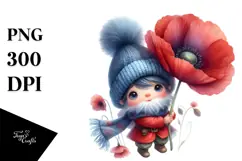 Cute Floating Gnome with Large Poppy PNG Product Image 1