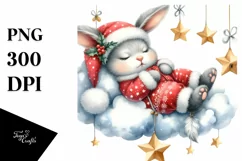 Watercolor Christmas Baby Bunny on Cloud with Stars | Product Image 1