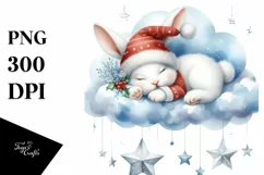 Watercolor Christmas Baby Bunny on Cloud with Stars | Product Image 1