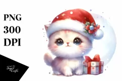 cute Watercolor Kitten with Santa Hat and Gift Box Product Image 1