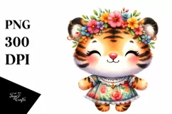 Cute Baby Tiger Whimsical Flowers Clipart Product Image 3