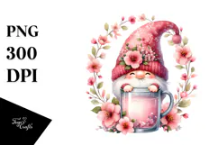 Gnome with Cherry Blossom Hat, Whimsical PNG Product Image 1