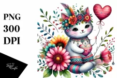 Colorful Boho Cat Holding a Heart PNG Product Image 1
