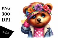 Funny Bear Posing with Floral Wreath PNG Product Image 1