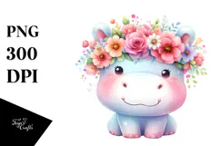 Cartoon Hippo with Flower Crown PNG Product Image 1