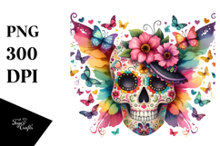 Colorful Half Butterfly Skull Painting, PNG Product Image 1