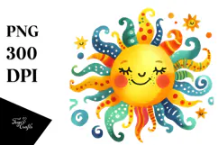 Smiling Colorful Watercolor Sun PNG Product Image 1