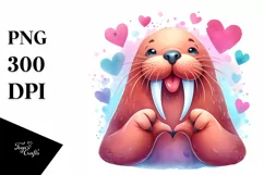Whimsical Walrus Doing Love Sign | Watercolor Clipart Product Image 1