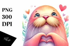 Whimsical Walrus Doing Love Sign | Watercolor Clipart Product Image 3