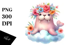 Cute Baby Walrus with Flower Crown PNG Product Image 1