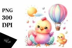 Cute Baby Chicken with Hot Air Balloon Clipart Product Image 1