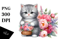 Grey Baby Cat with Flower Basket Clipart Product Image 1