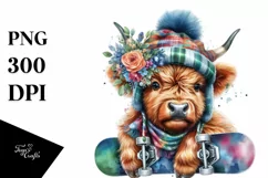 Highland Cow with Snowboard, PNG Product Image 3
