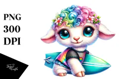 Vibrant Baby Lamb with Surfboard PNG Product Image 1