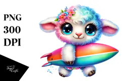 Vibrant Baby Lamb with Surfboard PNG Product Image 1