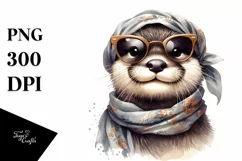 Funny Cute Otter with Silk Scarf | Watercolor Clipart Product Image 3