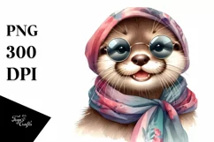 Cute Otter Wearing Silk Scarf | Watercolor Clipart Product Image 1