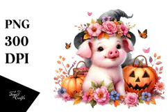 Baby Pig with Halloween Flowers Clipart Product Image 1
