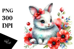 Colorful Watercolor Rabbit on Red Flowers Product Image 1